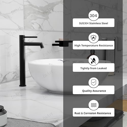 Image of InArt SS-304 Extra Tall Pillar Tap for Wash Basin | 12 Inch High Neck Table Top Tap with 3 inch Extended Thread | Long Basin Faucet Pillar Cock | 7 Years Warranty (Black Matt)