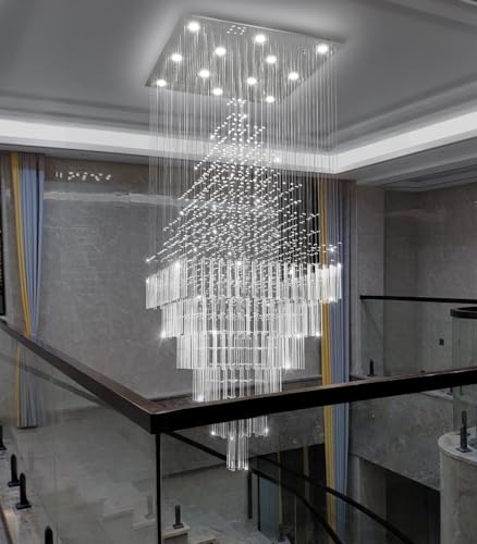 HAIXIANG W32 x H120 Glam Chandelier with LED Bulbs Square Chandeliers, Crystal Raindrop High Ceiling Pendant Light for Entrance Large Villa Chandelier Foyer Lighting Fixtures Silver — view 4