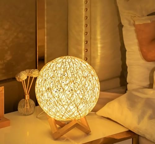 Image of Quace 15CM 6 Led Rattan Ball Moon Lamp,Elegant Design for Beautiful Indoor Lighting in Bedrooms and Kids' Rooms,Living Room Decor(Warm White 15cm)