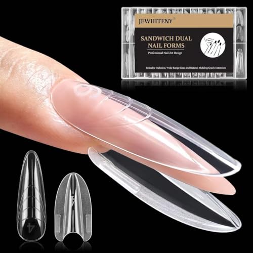 JEWHITENY 280 PCS Sandwich Nails Dual Forms:Almond Round Reusable Nail Forms with Guide Lines 14 Sizes Nail Mold for Nails Extension Salon & Home DIY Nail Art Tools