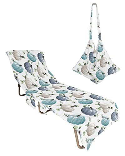 Fall Thanksgiving Beach Pool Patio Lounge Chaise Chair Cover Towel with Pockets,Absorbent&Quick Dry Towel Cover Bag Summer Travel Accessories for Sunbathing Watercolor Blue Grey Pumpkins Maple