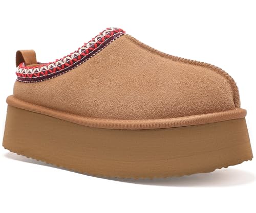 Women's Platform Fuzzy Cozy Slippers Genuine Suede Water Resistant Winter Platform Mini Boots with Memory Foam and Faux Fur Lining Comfy Fuzzy Clogs