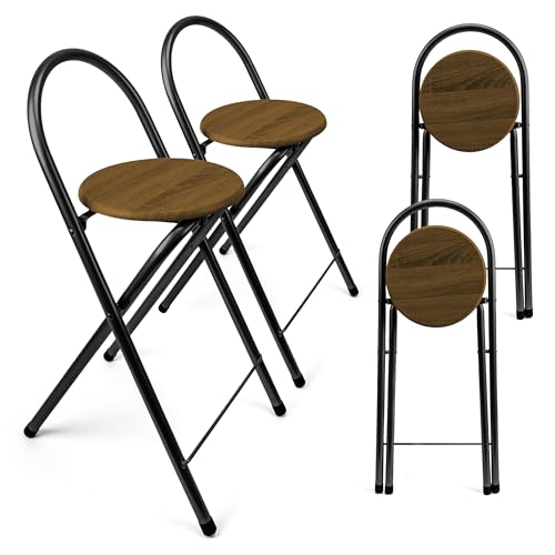 BESCH Pack 2 Taburetes Plegable Alto 45x38x80cm con Respaldo - Silla Plegable de Metal y con Base de Madera Natural Ideal para Cocina, Salón, Bar (45x38x80cm, Base Color Marrón)