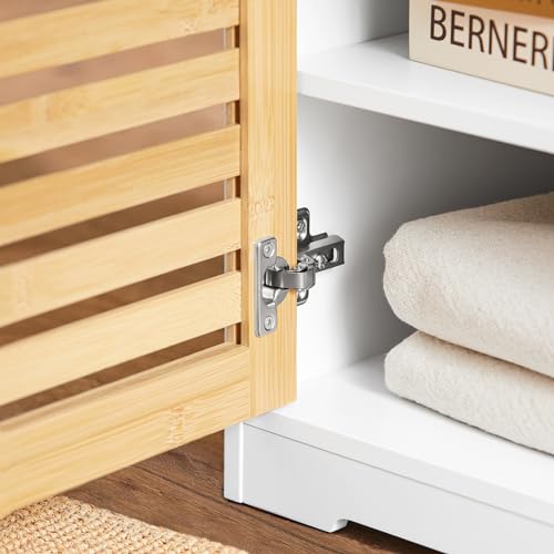 SoBuy Banco Zapatero con Asiento, Banco Almacenaje con 2 Puertas y Cojín Acolchado – Banco Entrada Recibidor, Blanco+Natural, 71 x 35 x 43 cm, Soporta 133kg – FSR23-II-WN - imagen 6