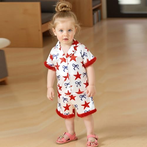MAINESAKA Toddler Baby Girl Satin Pajama Set 4th Of July Pjs Feather Trim Flag Button Down Shirt And Shorts Sleepwear Outfit (A-Red, 2-3 Years)