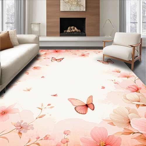 ODIKA Flatwoven High Traffic Area Rug 2x3, Whimsical Flutter with Layered Wing Textures, Non Slip, Stain Resistant, Washable Area Rugs for Living Room, Bedroom (Pink, 2x3)