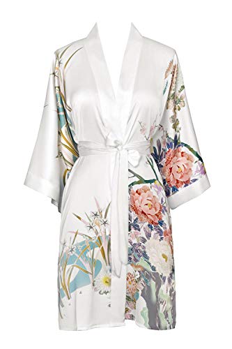 OLDSHANGHAI Women's Charmeuse Kimono Robe Short - Watercolor Floral - Spring Floral- White