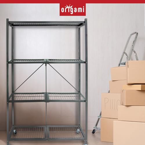 Image of Origami 2-Pack R5 Series Foldable 4-Tier Steel Storage Rack, Pewter - Heavy-Duty Metal Shelving Unit w / Removable Wheels for Laundry Room or Garage - Rolling Organizer for Home, Office & Warehouse