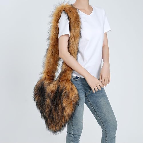 Womens Faux Fur Shoulder Bag Furry Purse Handbag Crossbody Bag Heart Shaped with Shoulder Strap4