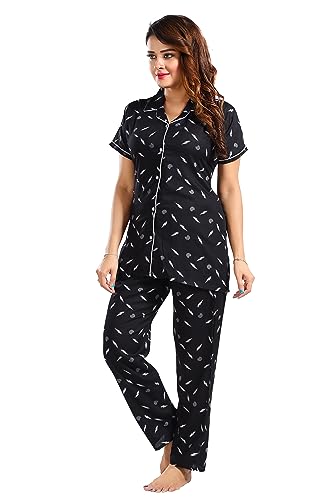 Image of Women's Cotton Heart Printed Night Suit Set of Shirt and Pyjama