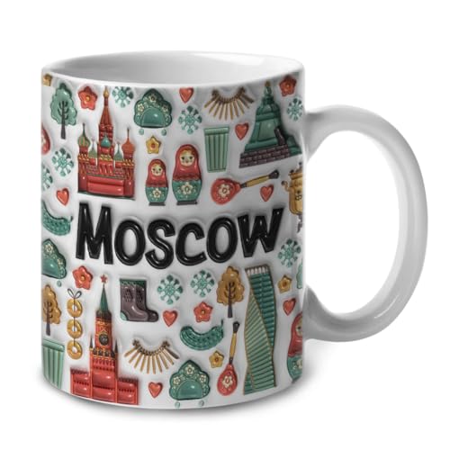 Lotacy Moscow Symbols Colorful 2D Coffee Mug With Flag, Moscow Ceramic Mug 11oz Coffee Mug, Moscow Souvenirs and Gifts