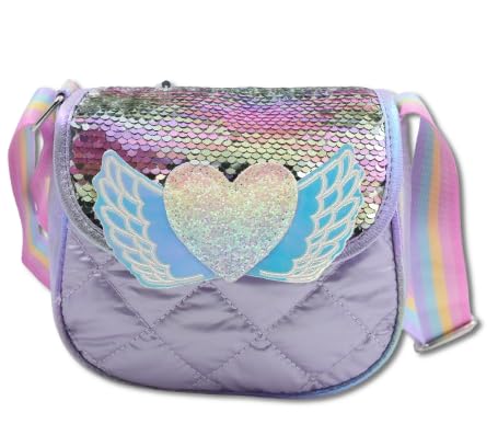Girls' Purple or Green Sequin Sling Bag Heart with Wings – Trendy Polyester Crossbody Bag for Stylish Kids(Random Color)-image-4