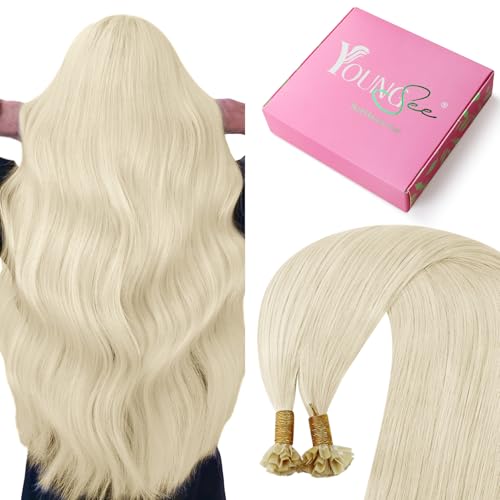 Image of YoungSee Blonde K Tips Hair Extensions Real Human Hair Platinum Blonde 20 in 1G /S 50G Keratin Bond