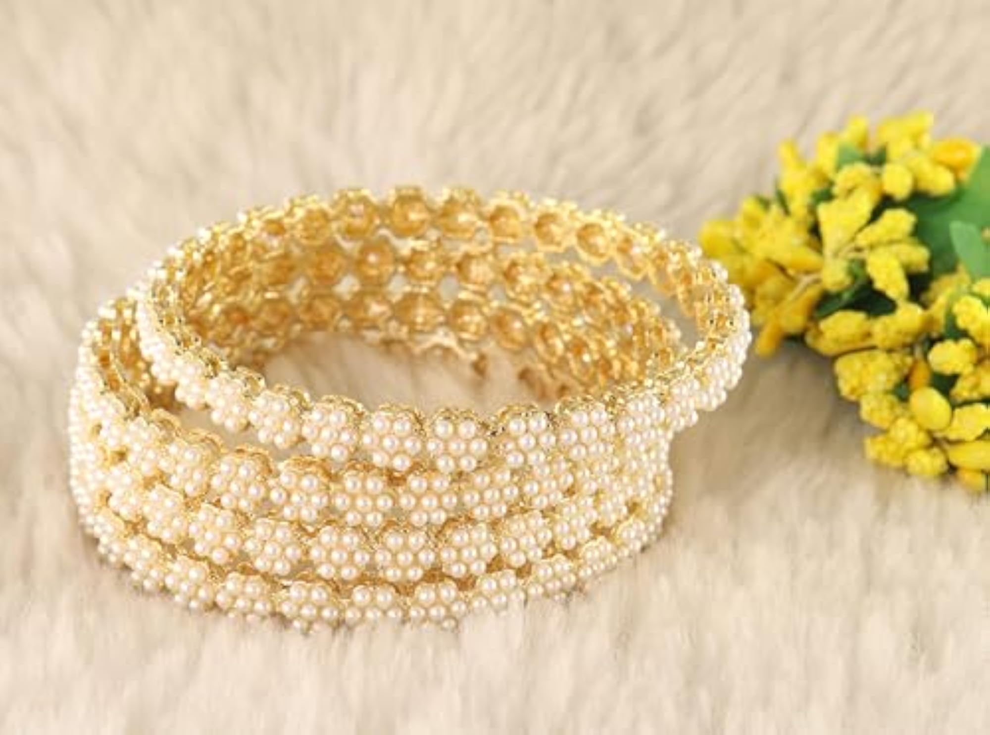 Alloy Kada Set with Flower Shape Pearls, Stylish Bangles