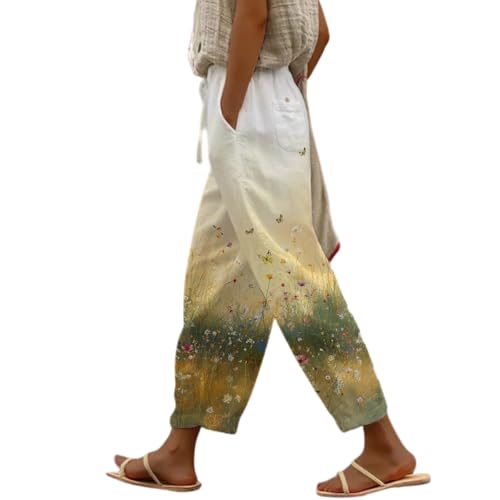 Boho Cotton Linen Pants for Womens 2025 Summer Casual Drawstring High Waisted Capri Pants with Pockets
