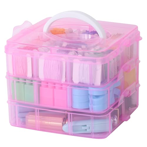 Segbeauty Scatola con Scomparti, 15 * 15 * 13cm Contenitori Plastica, 3 Strati con 6 Scomparti per Strato, Porta Viti Cassettiera Regolabili, Contenitori per Diamond Painting (Rosa)