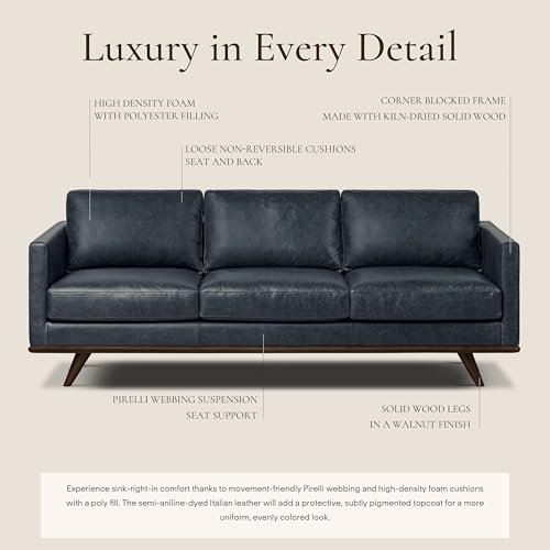 Image of Poly & Bark Nolita 85 inch Leather Sofa - Full-Grain Italian Aniline Leather, Feather-Down Comfort, Solid Wood Base - Nightfall Blue