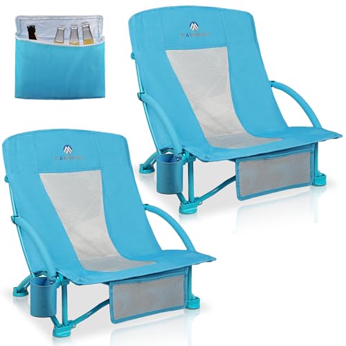 Beach Chairs for Adults 2 Pack,Heavy Duty Folding Low Back Camping Chairs w/Cooler Bag,Mesh Back,Cup Holder & Storage Bag,Compact Sling Chair for Lawn,Picnic,Travel,Blue by CAMPHILL - Used condition - CA$55.29