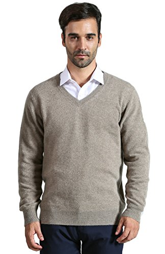 DYS CASHMERE Mens 100% Cashmere Long Sleeve Pullover V Neck Sweater,Large,Camel