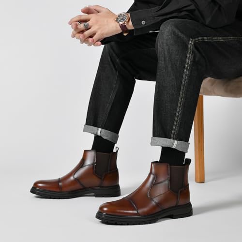 Image of Holy dove Men's Chelsea Boots, Cap Toe Slip On Coffee Brown Leather Ankle Dress Boot Mid-Top Stylish Casual Shoes for Men