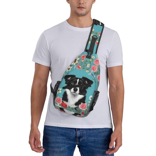 Mochila cruzada floral Border Collie, unisex, negra miniatura 7