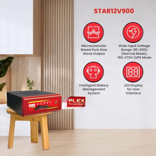 Image of EXIDE Star STAR12V900 12V 900VA Inverter | Pure Sine Wave Output | Ideal for 1-2BHK Homes & Small Offices | PLEX Technology | LED Display | 42Month Warranty
