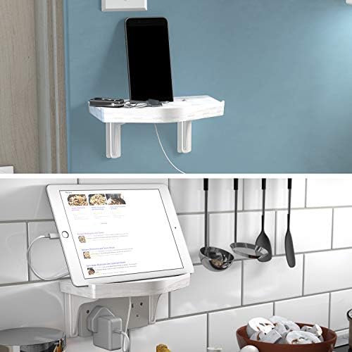 D-Line Cable Organiser Shelf, iPad Stand, Tablet Holder, Echo Dot Wall Mount - Integrated Cable Management Section - White