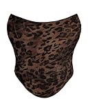 Facogoo Women's Mesh Strapless Corset Crop Top Boned Vintage Sleeveless Overbust Zip Back Bodyshaper Going Out Bustier Tops Leopard Brown