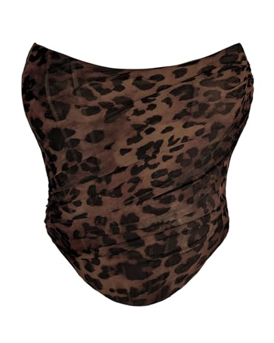 Facogoo Womens Mesh Strapless Corset Crop Top Boned Vintage Sleeveless Overbust Zip Back Bodyshaper Going Out Bustier Tops Leopard Brown