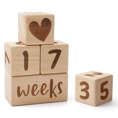 Baby Milestone Blocks Wooden Monthly Age Blocks for Newborn Photography Props 3 Number Cubes + 4 Time Blocks Baby Shower Keepsake Gift