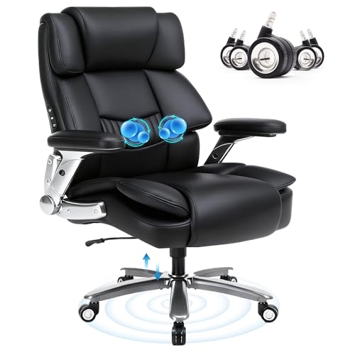 Heavy Duty Desk Chair with 3D Kneading Massage, Big and Tall Office Chair with Ergonomic Support, 3D Armrests, 5 Quiet Dual Rubber Wheel, Thick Pocket Spring Cushion(Black, PU)