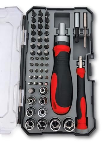 Apollo Tools Versatile 55-Piece Metric Tool Set with Ratcheting Bit Driver, Precision Bit Driver, Twenty-One Inch Bit, Precision Bit Handle and Bits and Socket Assortments in Clear-Lid Case- DT5024