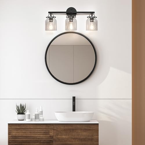 Image of Globe Electric 63000207 5-Piece All-in-One Bathroom Set, 22 inch 3-Light Vanity Light, Matte Black, Seeded Glass Shades, Towel Bar, Robe Hook, Toilet Paper Holder, Towel Ring, Bathroom Lights Over Mirror