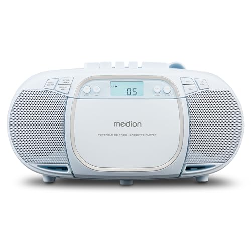 MEDION E66476 Stereo Sound System (Boombox, Lecteur CD, MP3, Cassette, Lecteur de Cassette Portable pour Enfants, Radio FM, AUX, écouteurs, Secteur & Batterie) Bleu
