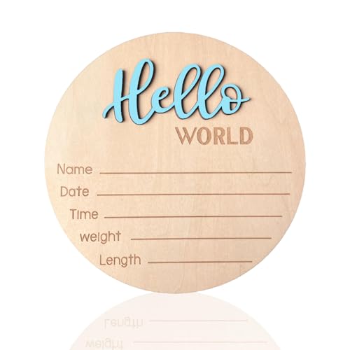 Image of Baby Announcement Sign, 5.9 Inch Wooden Hello World Newborn Signs, Birth Announcement Sign, Baby Shower Hospital Nursery for Newborn Boys and Girls (Sky blue)