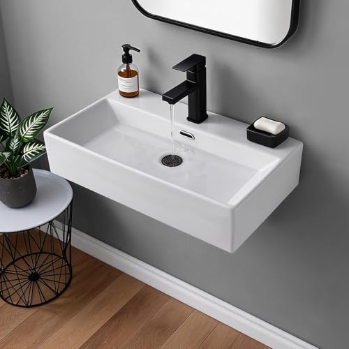 Zyreoney 24x14Wall Mount Sink Small Wall Mounted Bathroom Sink Wall Hung Ceramic White Rectangular Floating Wash Hand Basin Small Bathroom Sink Lavatory Vanity With Single Faucet Hole and Overflow