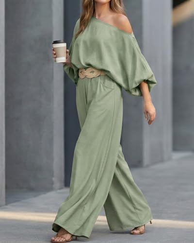 Image of CHICME Women Summer 2 Piece Outfits Off Shoulder Top Flowy Wide Leg Pants Set Vacation Travel Airport Outfits