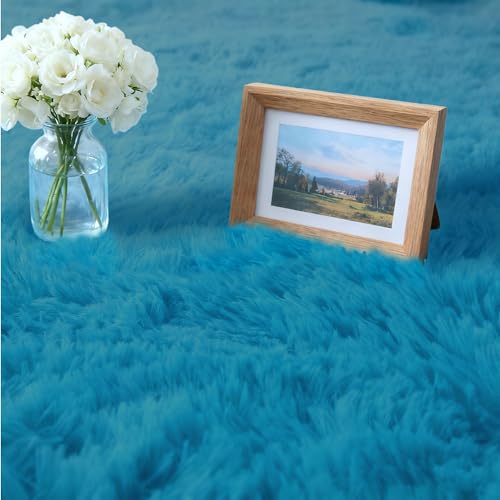 Tapis ultra doux bleu à poils longs pour salon ou lit - 4