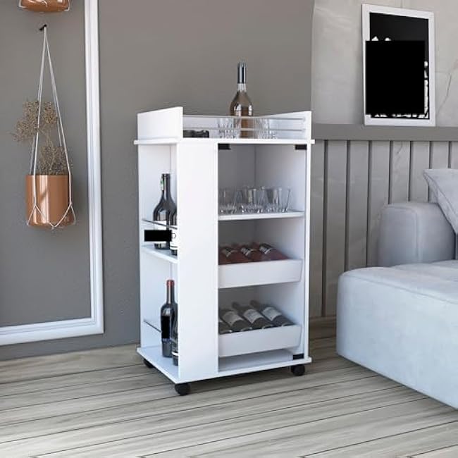 Bar Cart with Glass Door, 2-Side Shelves and Casters-fROTeZgJ