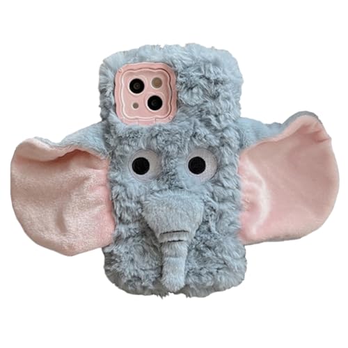Coque Éléphant pour iPhone 15 avec support intégré et fausse fourrure