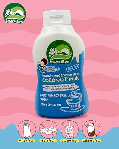 Nature’s Charm eingedickte, gesüßte Kokosnussmilch I Vegane Kokosmilch mit cremiger, aromatischer Konsistenz I Ideal zum Backen, für Desserts, Kaffee und Tee I 1 x 320 g