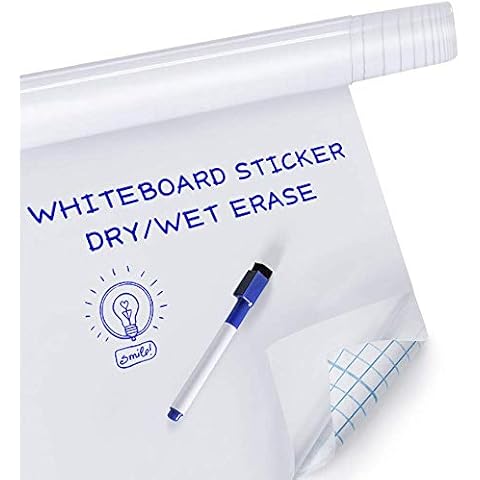 rabbitgoo Whiteboard Paper for Wall Dry Wipe Sticker Boards Magic Large Self Adhesive Paper 44.5cm x 200 cm with 1 Free Water-Based Marker Pen Thickness:0.18mm for School Office Home Cover
