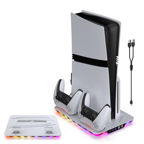 DaMohony Estación de carga para PS5/PS5 Slim/PS5 Pro, soporte de refrigeración PS5 y cargadores de controlador con estación de carga LED RGB, accesorios de juego con ventilador de 3 niveles
