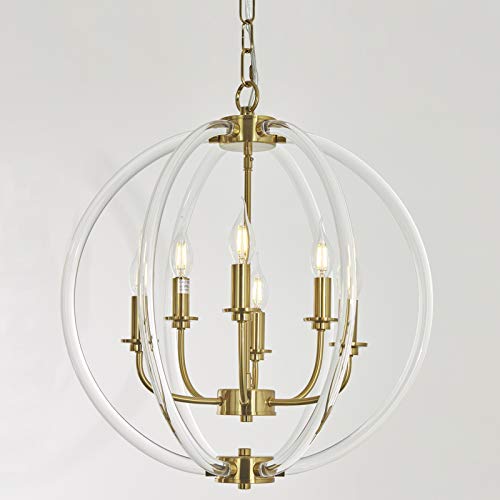 6 Llight Globe Pendant Light Modern Chandelier, with Clear Acrylic Lampshades and Brass Finish, Gold Chandelier for Dining Room, Bedroom, Living Room and Bathroom