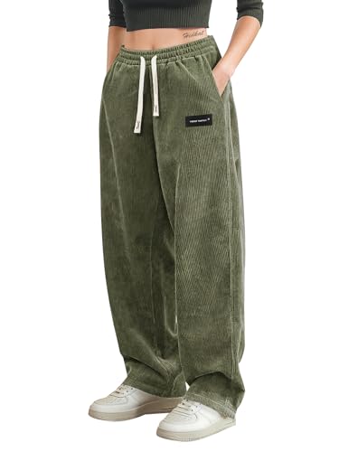 XYXYING Womens Corduroy Casual Pants Loose and Comfortable Wide-Leg Pants with Elastic Waistband Drawstring and Multiple Pockets Green