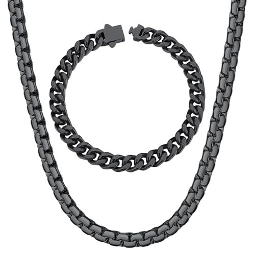 ChainsHouse Stainless Steel 7MM 7.5" Cuban Link Bracelet+6MM 22" Flat Box Chain Necklace for Women Men