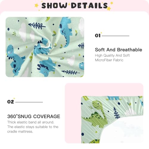 Image of Dinosaur Clouds Grass Cartoon Pattern Crib Sheets Stretchy Portable Sheets for Baby Toddler Breathable Soft Crib Mattress Sheet for Girls Boys
