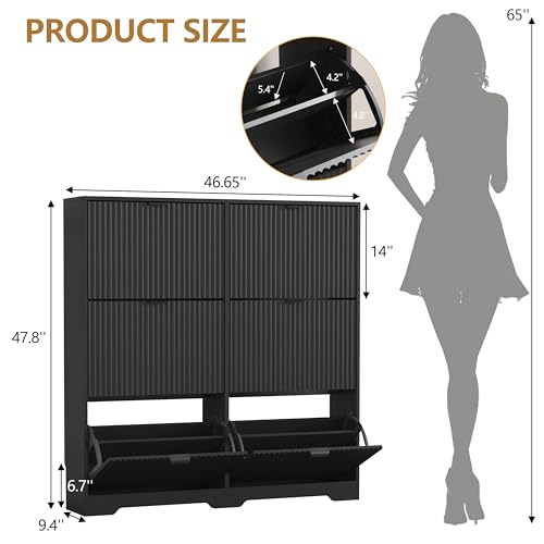 Image of HUANLEGO Shoe Cabinet Storage for Entryway with 6 Flip Drawers, Black Fluted Shoe Cabinet with Adjustable Shelves, Wooden Hidden Shoe Rack Freestanding Narrow Slim Shoes Storage for Hallway, Entrance