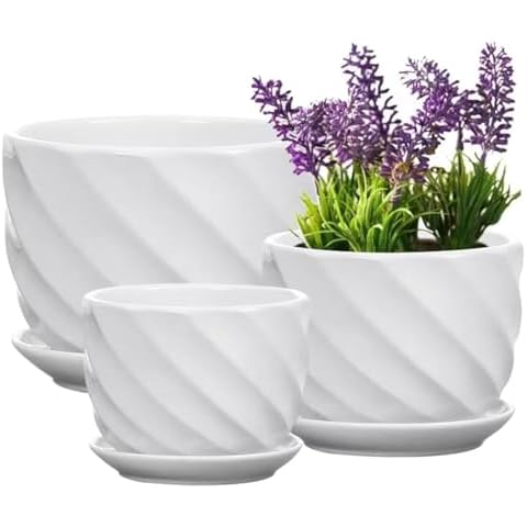 YINGERHUAN Set of 3 Ceramic Plant Pot - Flower Plant Pots Indoor with Saucers,Small to Medium Sized Round Modern Ceramic Garden Flower Pots (White) Cover