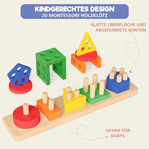 Sweety Fox Montessori Spielzeug ab 1 Jahr - Holz Sortier & Stapelspielzeug, 1 2 3 Jahre -Aktivitäts & Entwicklungsspielzeug aus Holz - Montessori - Lernspielzeug für Kleinkinder